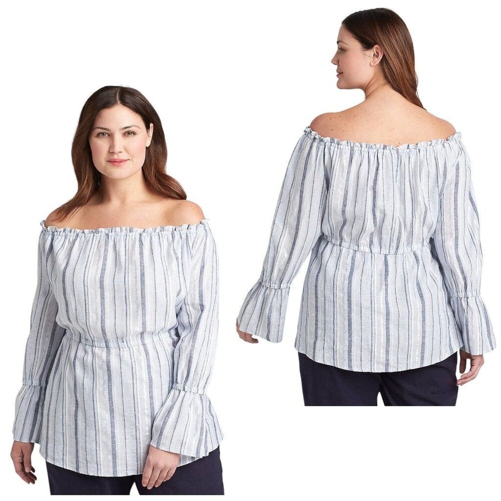 Lane Bryant‎ Off Shoulder Striped Linen Blend Blue Metallic Size 26/28 Coastal